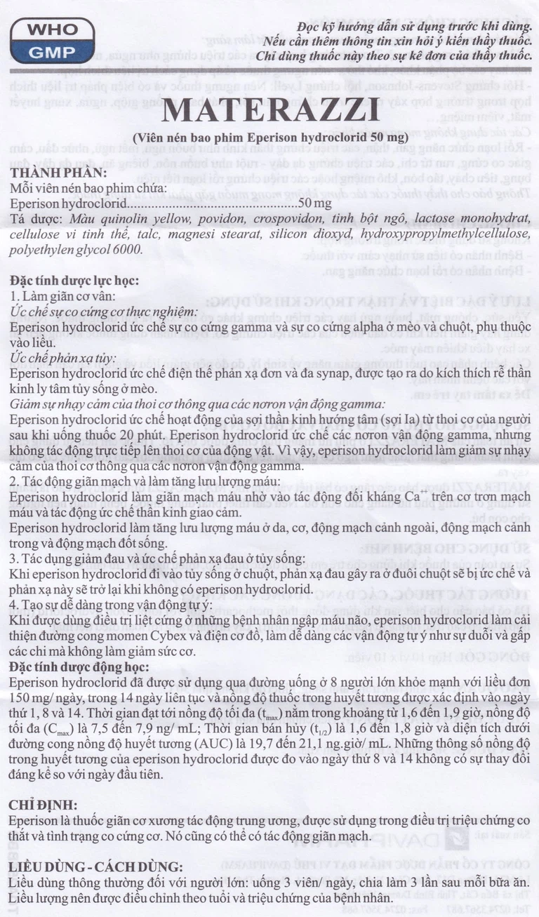 Viên nén Materazzi 50mg DaviPharm giãn cơ xương, điều trị chứng co thắt, co cứng cơ (10 vỉ x 10 viên)