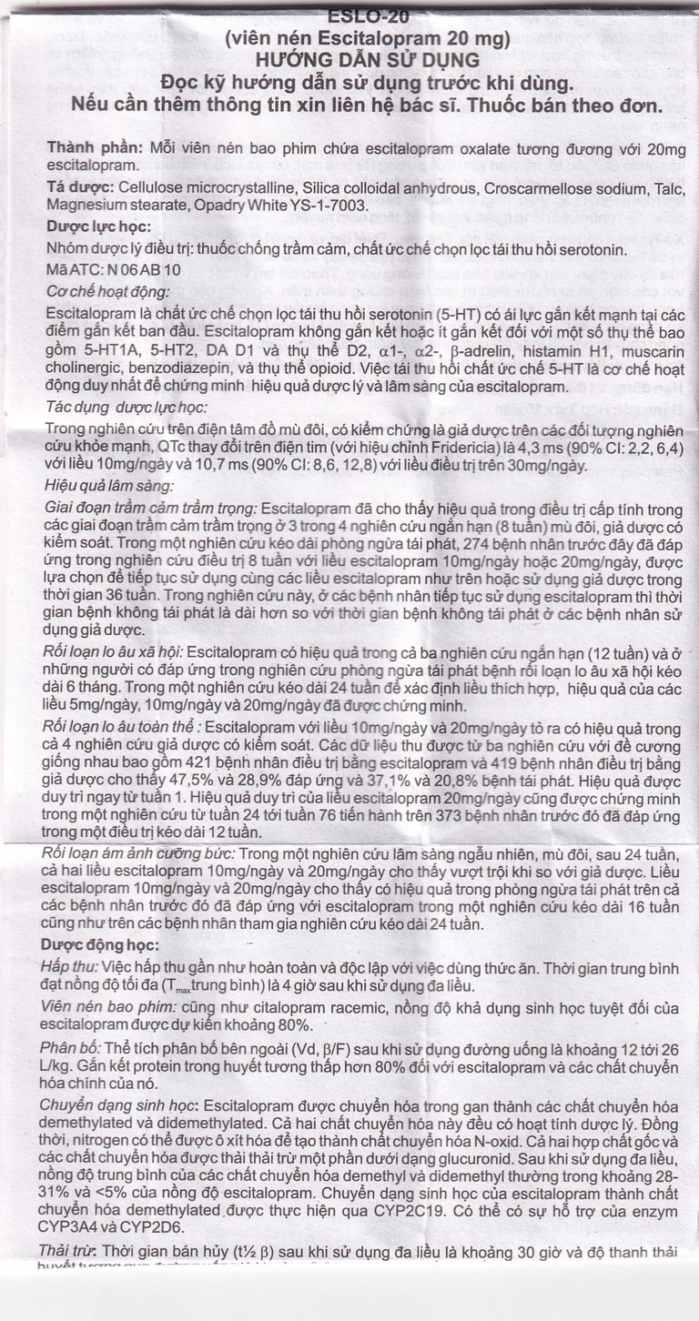 Thuốc Eslo-20 Hetero điều trị trầm cảm, rối loạn lo âu (3 vỉ x 10 viên)
