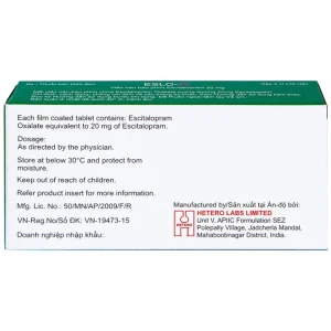 Thuốc Eslo-20 Hetero điều trị trầm cảm, rối loạn lo âu (3 vỉ x 10 viên)