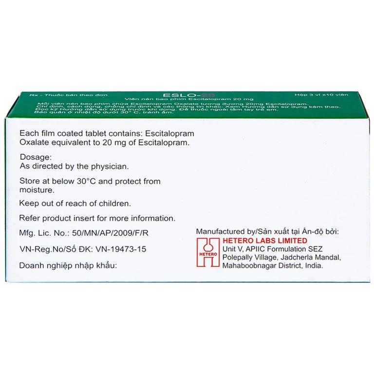 Thuốc Eslo-20 Hetero điều trị trầm cảm, rối loạn lo âu (3 vỉ x 10 viên)