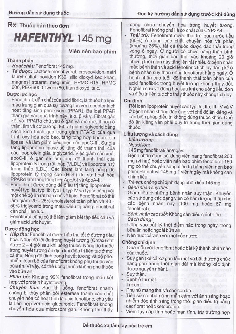 Thuốc Hafenthyl 145mg Hasan điều trị rối loạn lipoprotein huyết (3 vỉ x 10 viên)