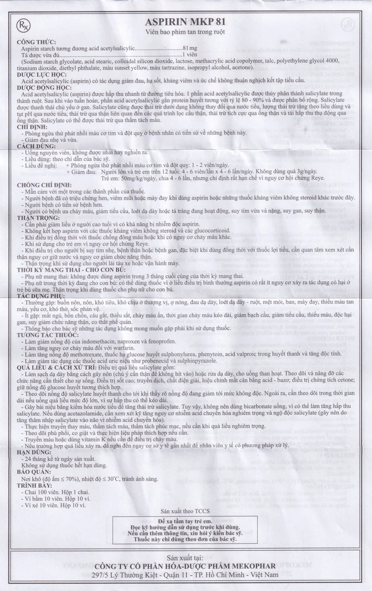 Thuốc Aspirin MKP 81 Mekophar phòng ngừa nhồi máu cơ tim, đột quỵ (10 vỉ x 10 viên)