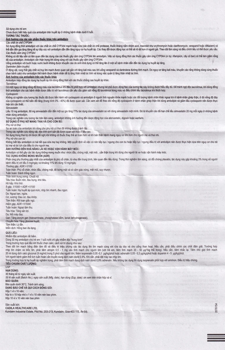 Thuốc Amlodac 5 Cadila điều trị tăng huyết áp, đau thắt ngực (1 vỉ x 10 viên)