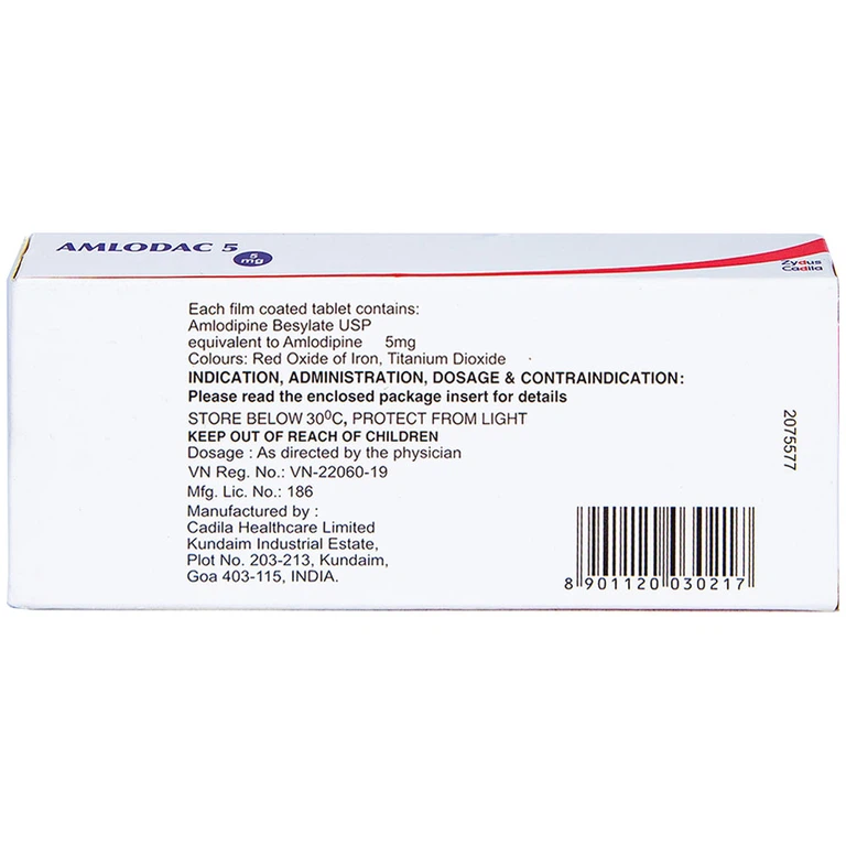 Thuốc Amlodac 5 Cadila điều trị tăng huyết áp, đau thắt ngực (1 vỉ x 10 viên)