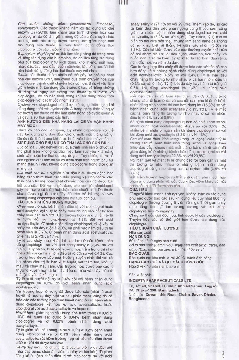 Viên nén Pinclos 75mg Incepta giảm các biến cố do xơ vữa động mạch, nhồi máu cơ tim (3 vỉ x 10 viên)