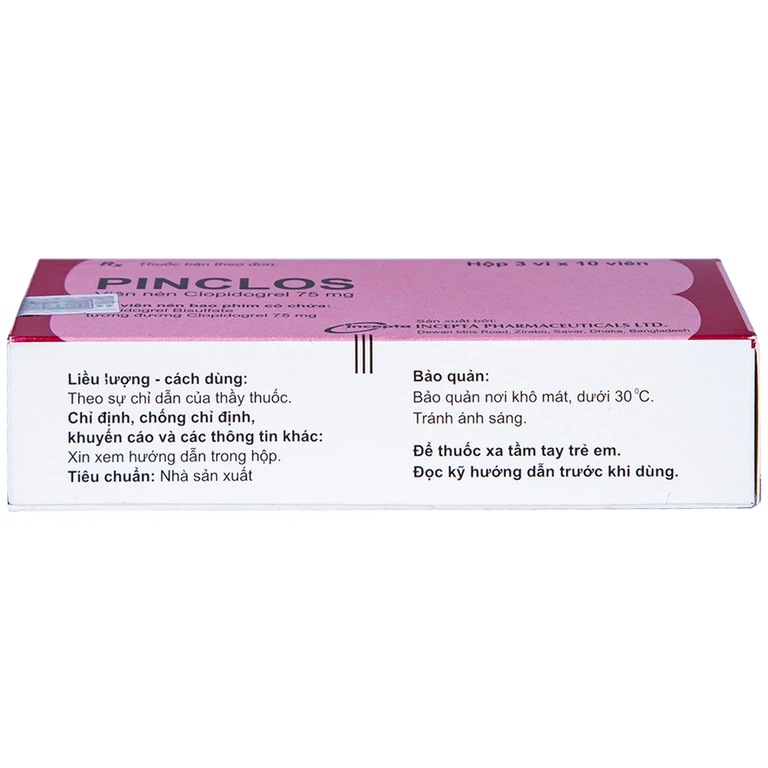 Viên nén Pinclos 75mg Incepta giảm các biến cố do xơ vữa động mạch, nhồi máu cơ tim (3 vỉ x 10 viên)