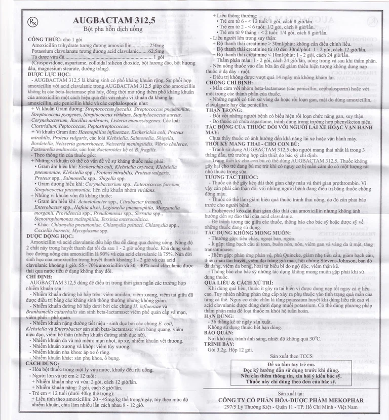 Bột Augbactam 312.5 Mekophar điều trị nhiễm khuẩn (12 gói)