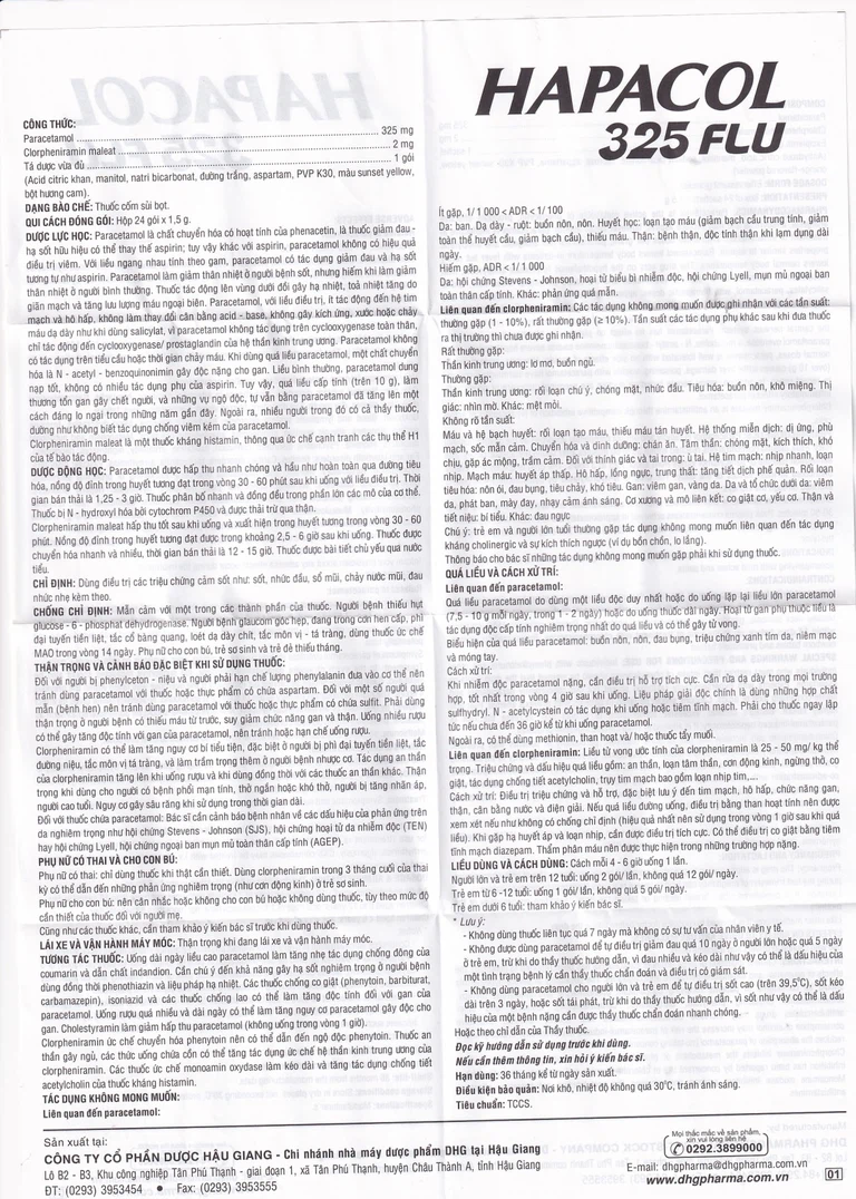 Cốm Hapacol 325 Flu DHG điều trị đau đầu, đau nửa đầu, đau răng (24 gói)