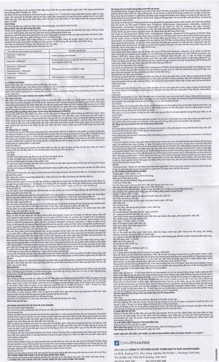 Thuốc Vaslor 20mg Davi Pharm giảm cholesterol và triglycerid (4 vỉ x 7 viên)