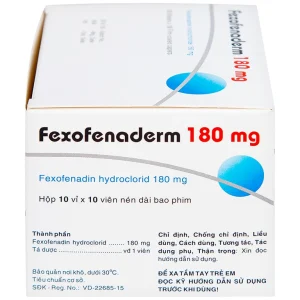 Thuốc Fexofenaderm 180mg Hasan điều trị viêm mũi dị ứng theo mùa, mày đay mạn tính vô căn (10 vỉ x 10 viên)