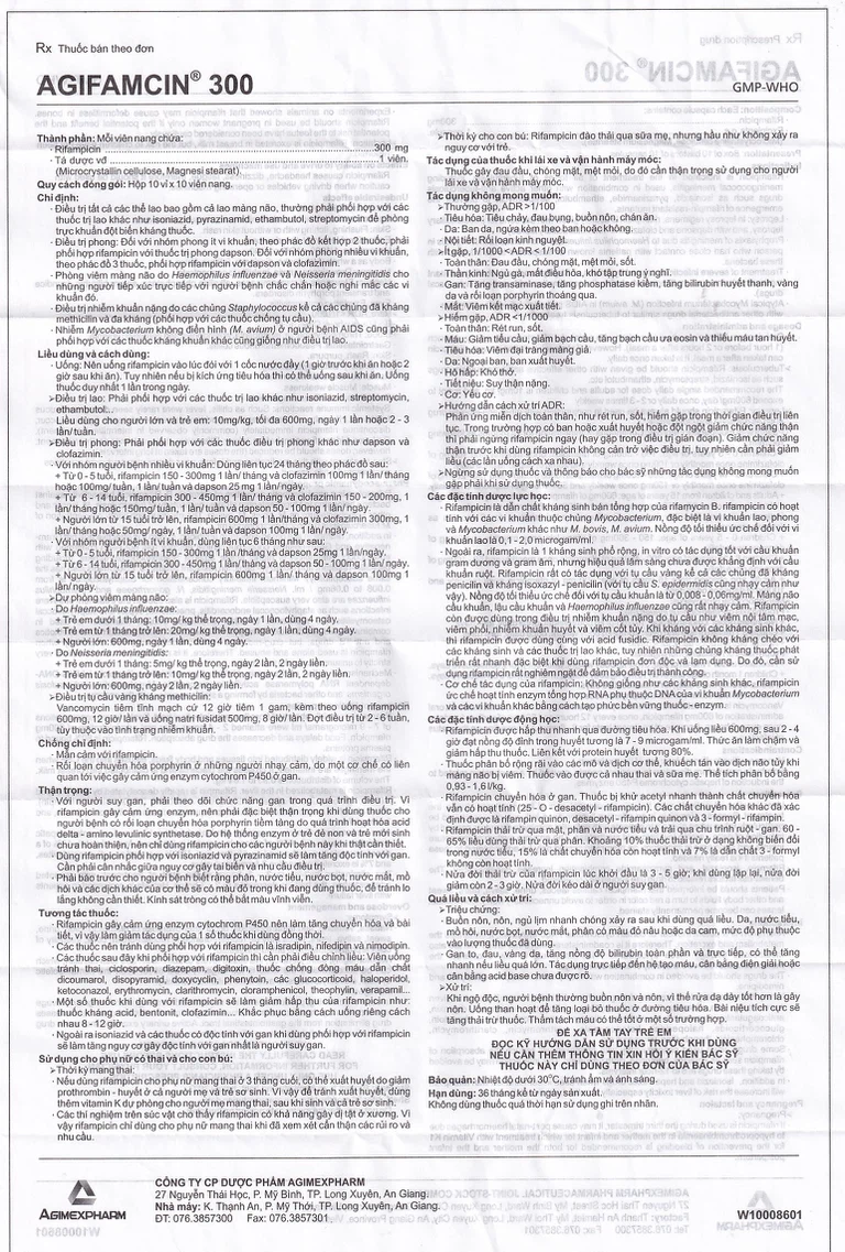 Thuốc Agifamcin 300 Agimexpharm điều trị tất cả các thể lao, phong (10 vỉ x 10 viên)