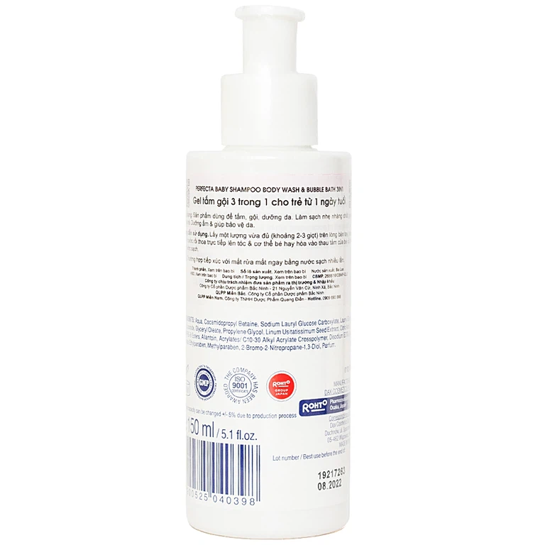 Gel tắm gội 3 trong 1 cho trẻ từ 1 ngày tuổi Perfecta Baby Rohto dưỡng ẩm da (150ml)