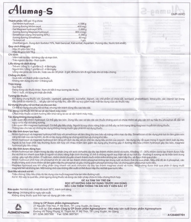 Hỗn dịch uống Alumag-S Agimexpharm điều trị viêm loét dạ dày tá tràng (20 gói x 15g)