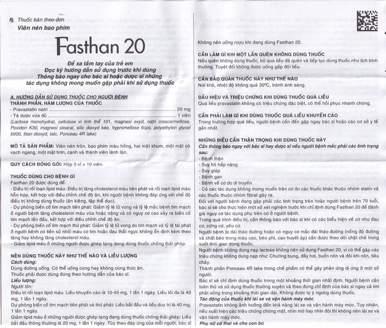 Thuốc Fasthan 20 SaVipharm điều trị rối loạn lipid máu, dự phòng biến cố tim mạch (3 vỉ x 10 viên)