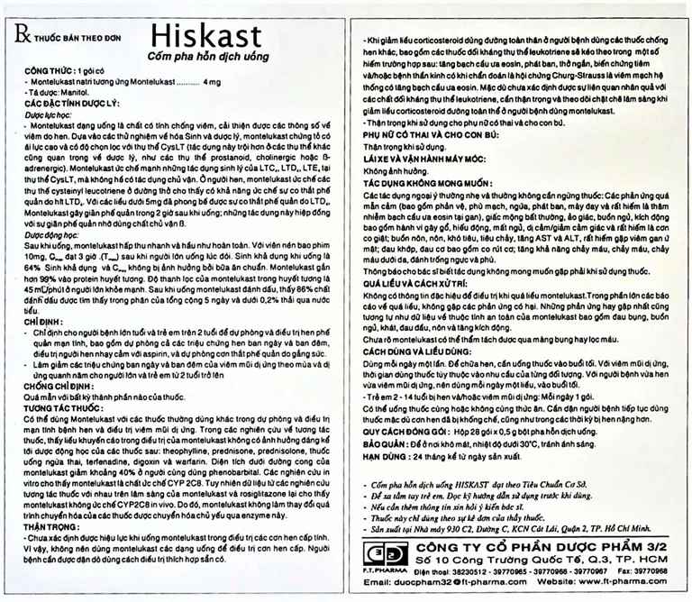 Cốm pha hỗn dịch uống Hiskast 4mg Dược 3-2 điều trị hen phế quản mạn tính (28 gói x 0.5g)