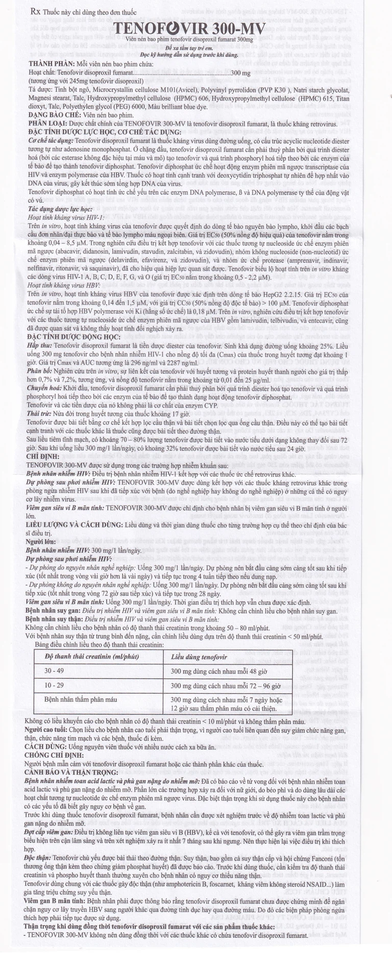 Thuốc Tenofovir 300-MV US Pharma điều trị nhiễm HIV-1, dự phòng sau phơi nhiễm HIV (3 vỉ x 10 viên)