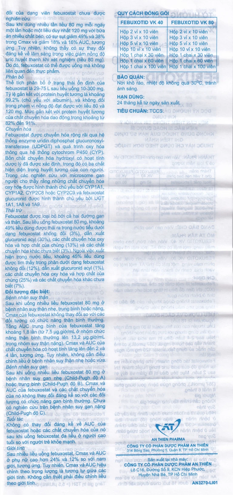 Thuốc Febuxotid VK 40 An Thiên điều trị tăng acid uric máu mãn tính (3 vỉ x 10 viên)