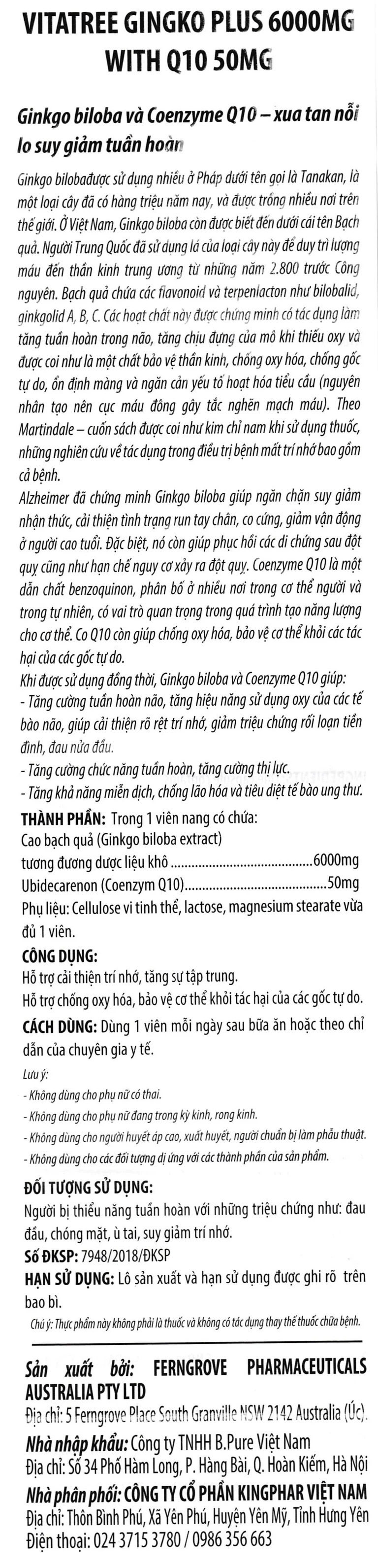 Viên uống Ginkgo Plus 6000 With Q10 50mg Vitatree hỗ trợ cải thiện trí nhớ (60 viên)
