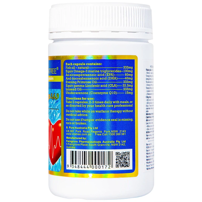 Viên uống Vitatree Mega Omega 3,6,9 Plus Q10 hỗ trợ duy trì sức khỏe của hệ tim mạch (120 viên)