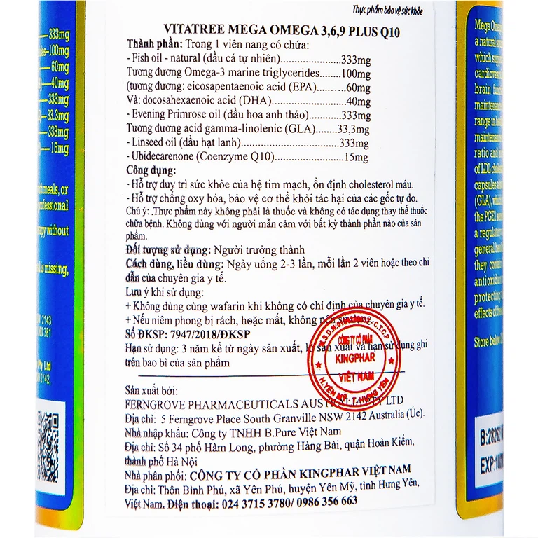 Viên uống Vitatree Mega Omega 3,6,9 Plus Q10 hỗ trợ duy trì sức khỏe của hệ tim mạch (120 viên)