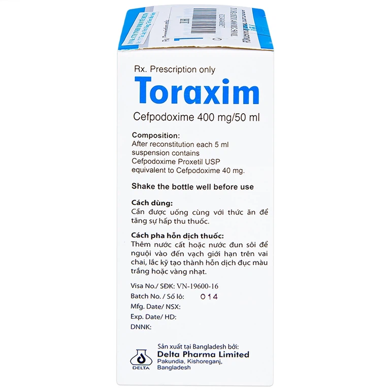 Bột pha hỗn dịch uống Toraxim 400mg/50ml Deltapharm điều trị câc chứng nhiễm khuẩn (50ml)