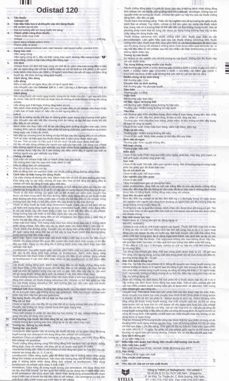 Thuốc Odistad 120 Stella điều trị béo phì và phòng ngừa tăng cân trở lại ở người lớn (2 vỉ x 21 viên)