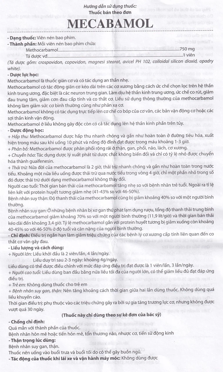 Viên nén Mecabamol 750mg Hà Tây điều trị các bệnh lý cơ xương cấp tính (6 vỉ x 10 viên)