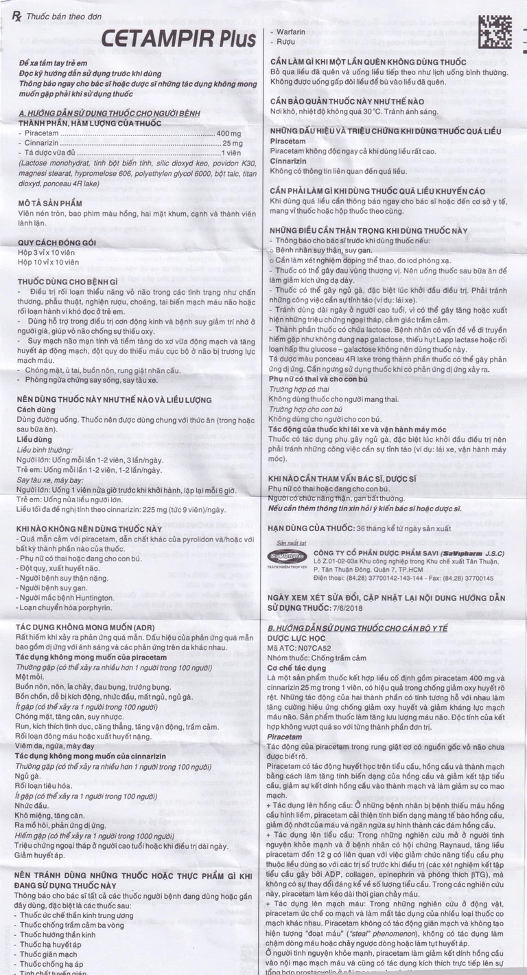 Thuốc Cetampir Plus 400mg/25mg SaVipharm điều trị rối loạn thiểu năng vỏ não, động kinh, giảm trí nhớ (3 vỉ x 10 viên)