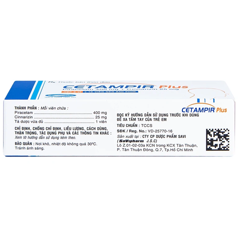 Thuốc Cetampir Plus 400mg/25mg SaVipharm điều trị rối loạn thiểu năng vỏ não, động kinh, giảm trí nhớ (3 vỉ x 10 viên)
