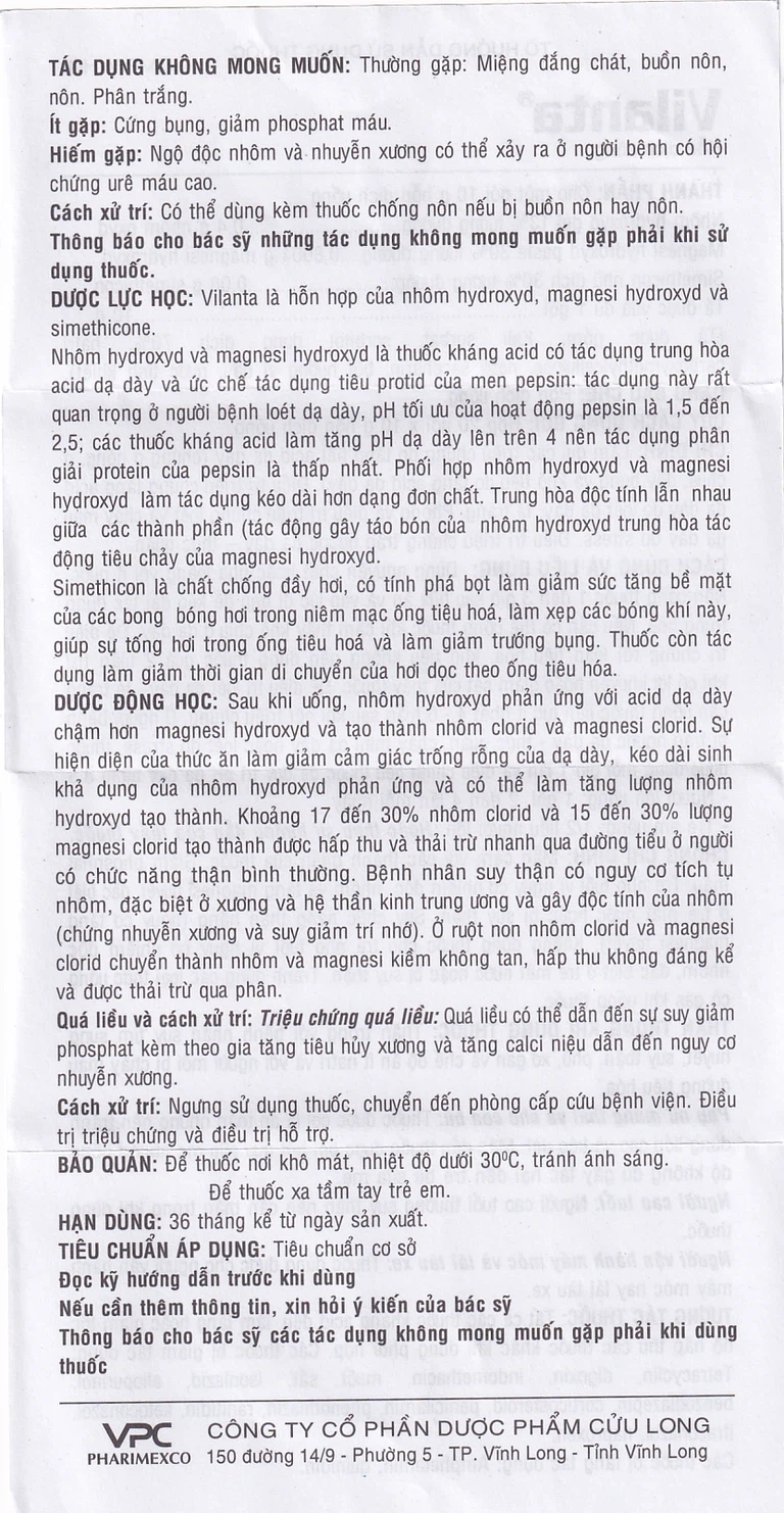 Thuốc Vilanta Pharimexco dịu triệu chứng ợ nóng, ợ chua (20 gói x 10g)