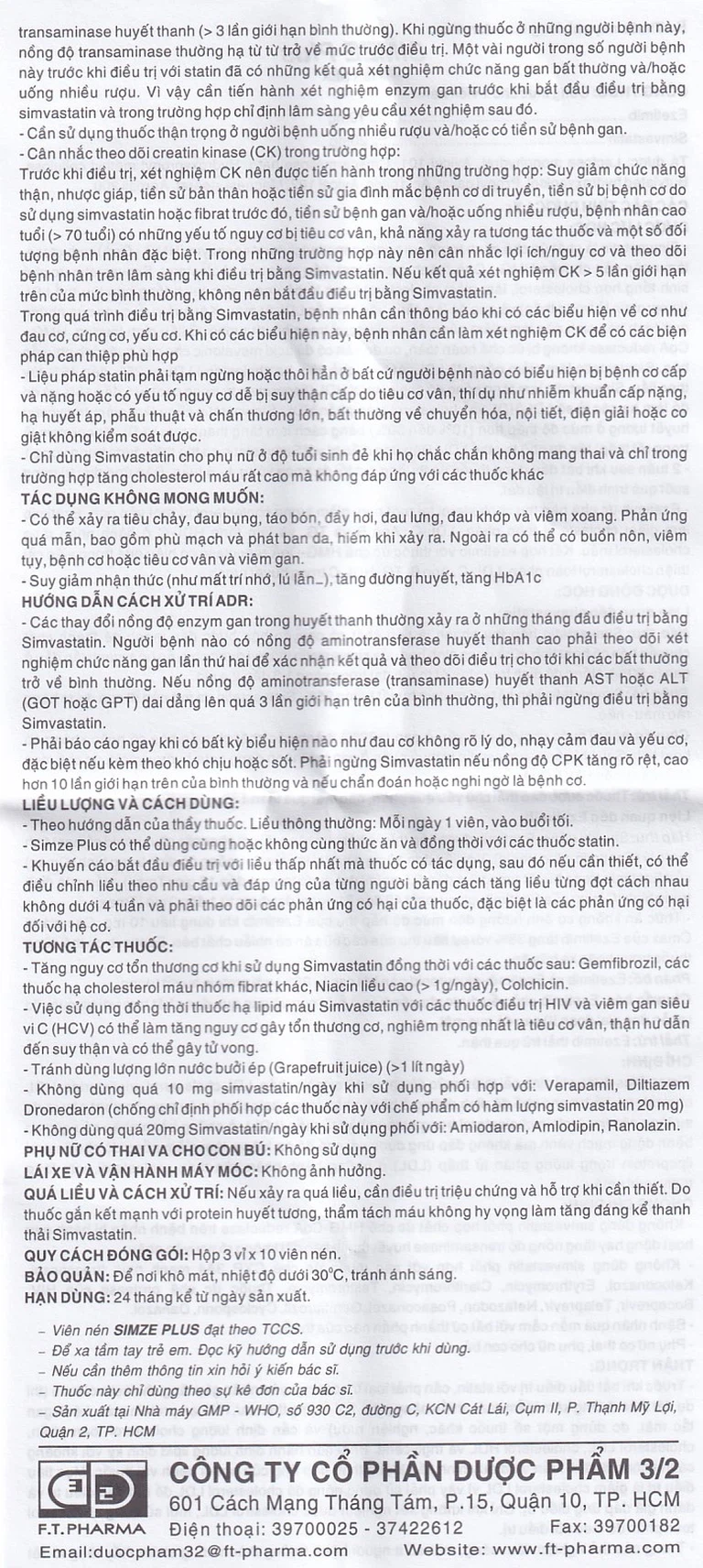 Thuốc Simze Plus 20mg/10mg Dược 3-2 cải thiện mức độ Cholesterol toàn phần (3 vỉ x 10 viên)