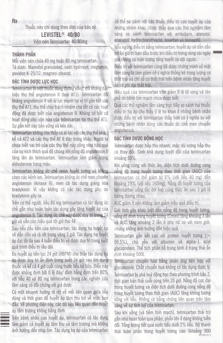 Viên nén Levistel 80 Tada Pharma điều trị tăng huyết áp, suy tim (4 vỉ x 7 viên)