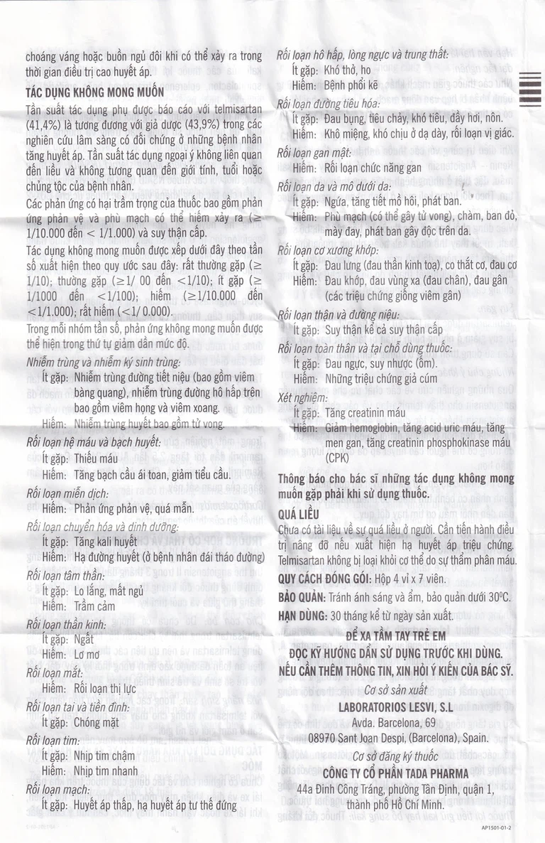 Viên nén Levistel 80 Tada Pharma điều trị tăng huyết áp, suy tim (4 vỉ x 7 viên)
