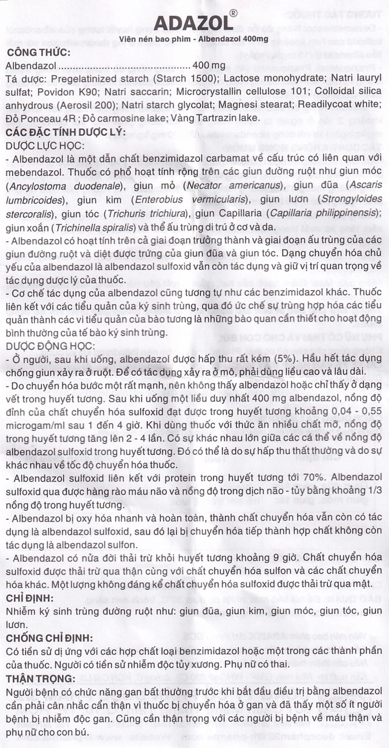 Thuốc Adazol 400mg Dược 3-2 điều trị nhiễm ký sinh trùng đường ruột (1 vỉ x 1 viên)