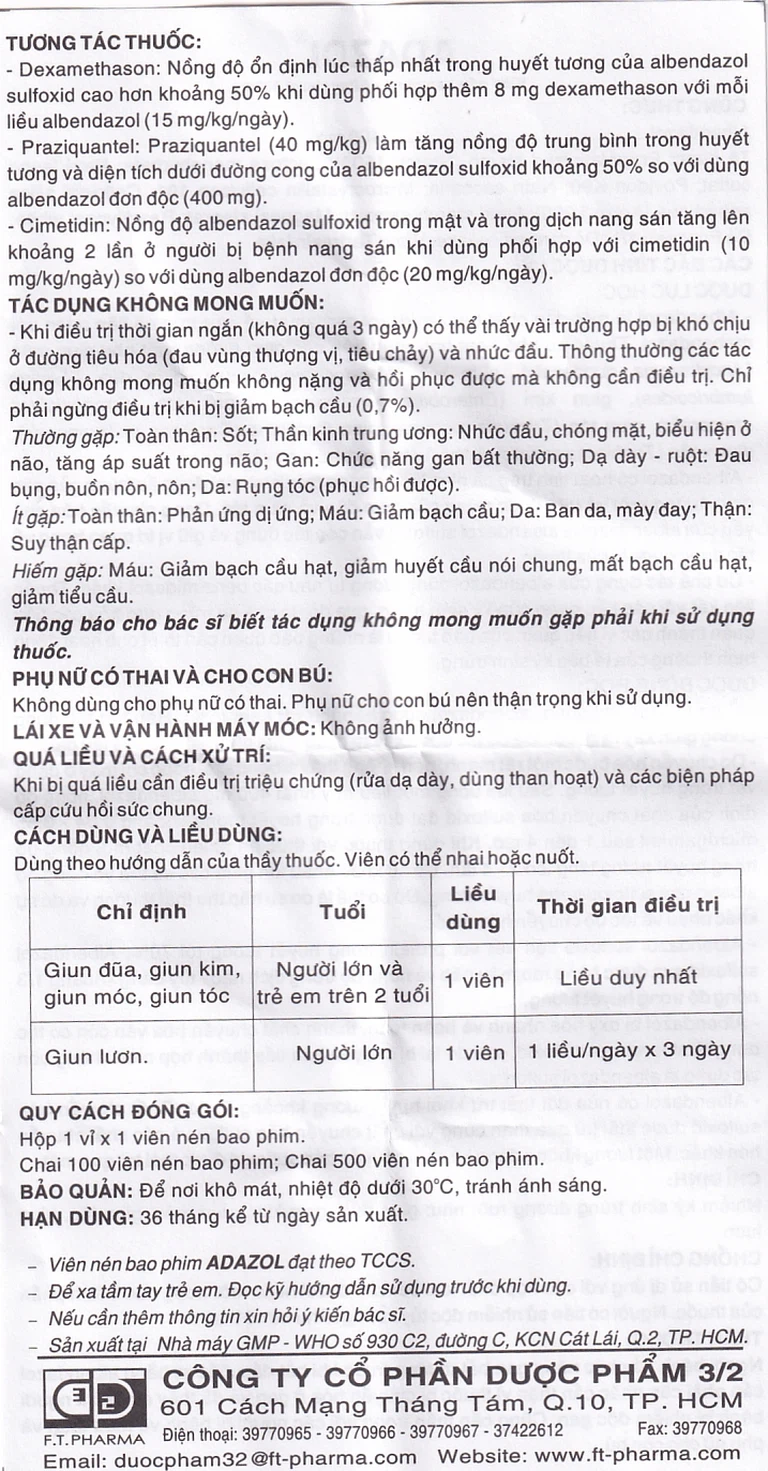 Thuốc Adazol 400mg Dược 3-2 điều trị nhiễm ký sinh trùng đường ruột (1 vỉ x 1 viên)