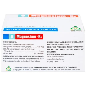 Thuốc Magnesium - B6 TV.Pharm giảm các triệu chứng thiếu hụt magnesi, nôn mửa, khó chịu (10 vỉ x 10 viên)