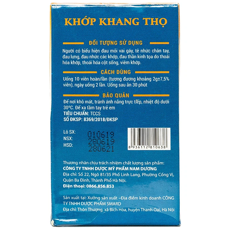 Viên hoàn cứng Khớp Khang Thọ Nam Dương hỗ trợ giảm triệu chứng đau mỏi vai gáy, tê nhức chân tay (40g)