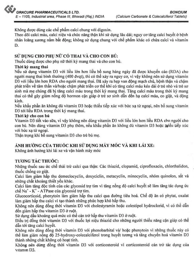 Thuốc Boncium Gracure phòng và điều trị thiếu Canxi và Vitamin D3 (3 vỉ x 10 viên)