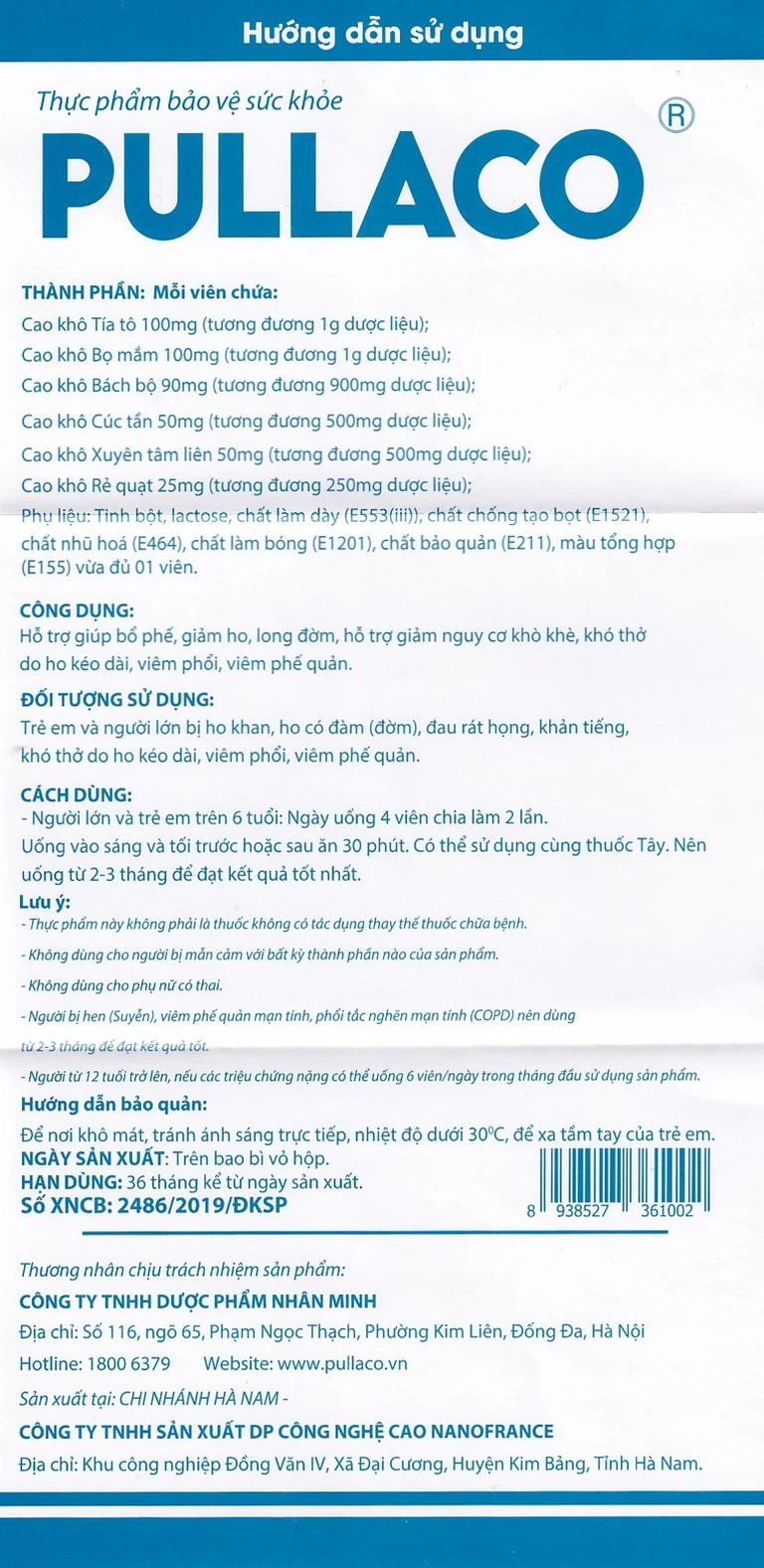 Viên uống Pullaco NanoFrance hỗ trợ bổ phế, giảm ho, long đờm (2 vỉ x 10 viên)