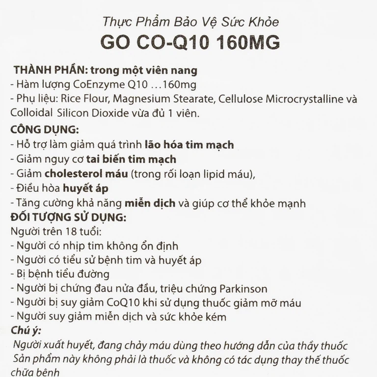 Viên uống Go Co-Q10 160mg hỗ trợ giảm quá trình lão hóa tim mạch (30 viên)