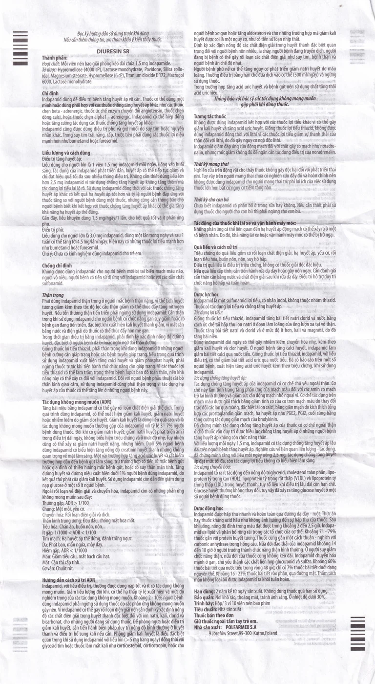 Thuốc Diuresin SR 1.5mg Polfarmex điều trị tăng huyết áp (3 vỉ x 10 viên)