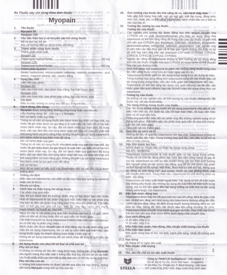 Thuốc Myopain 50 Stella điều trị chứng co cứng cơ sau đột quỵ (5 vỉ x 10 viên)
