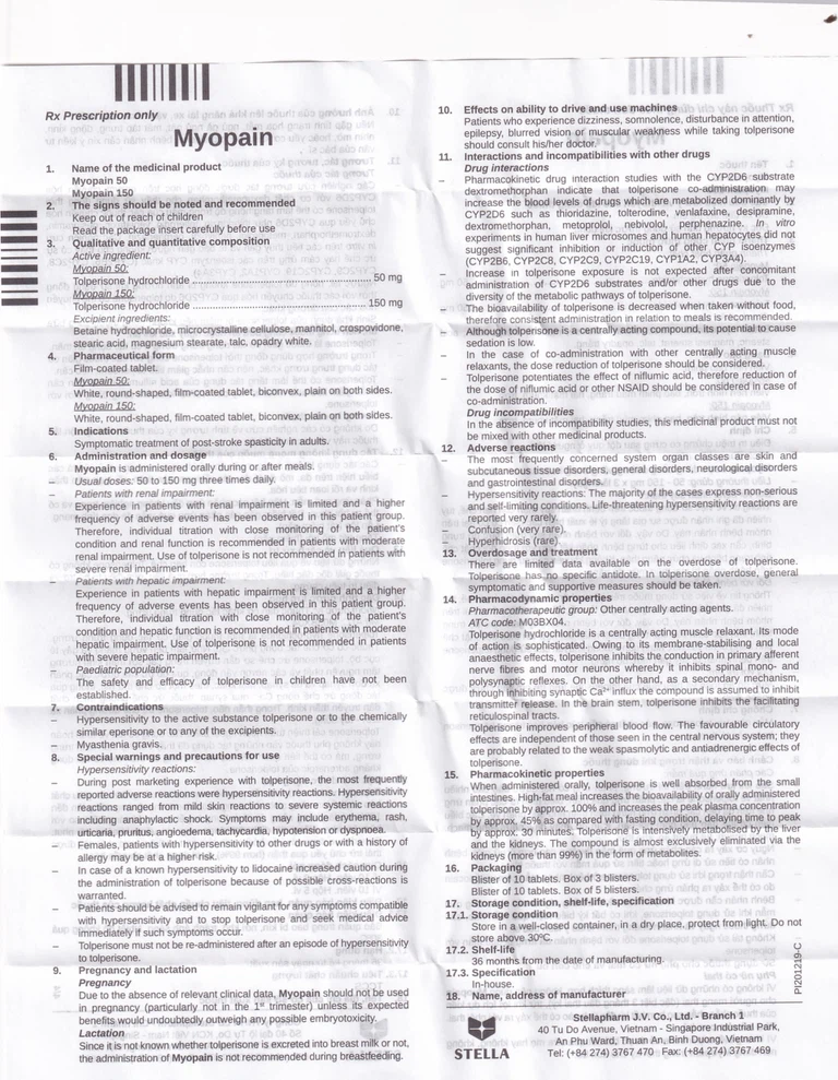 Thuốc Myopain 50 Stella điều trị chứng co cứng cơ sau đột quỵ (5 vỉ x 10 viên)