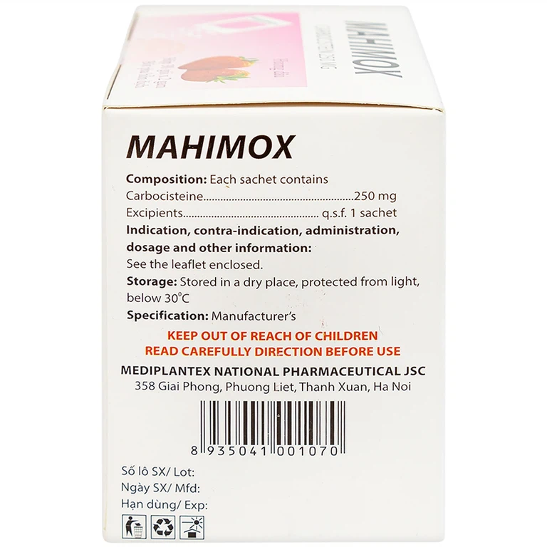 Bột pha hỗn dịch Mahimox 250mg hương dâu điều trị hỗ trợ các rối loạn đường hô hấp (30 gói x 2g)