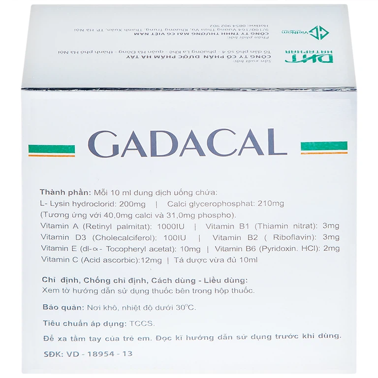 Dung dịch uống Gadacal Hà Tây bổ sung Calci, Lysin và các Vitamin (20 ống x 10ml)