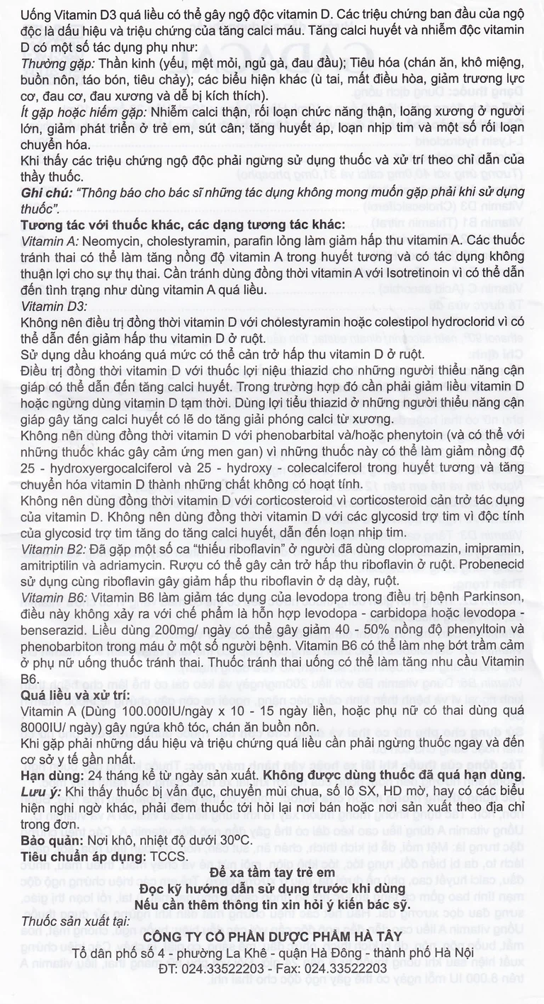 Dung dịch uống Gadacal Hà Tây bổ sung Calci, Lysin và các Vitamin (20 ống x 10ml)