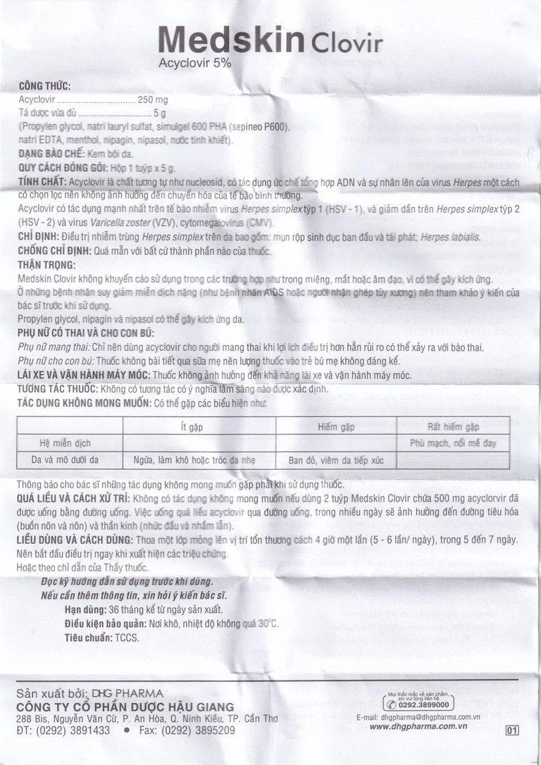 Kem bôi da Medskin Clovir 5% DHG Pharma điều trị nhiễm trùng Herpes simplex (5g)