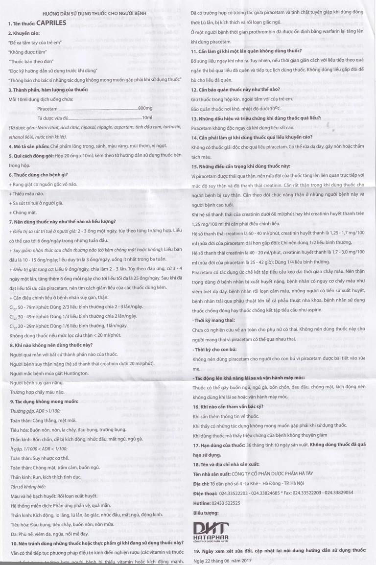 Thuốc Capriles 800mg/10ml Hà Tây điều trị rung giật cơ, thiếu máu não (20 ống x 10ml)