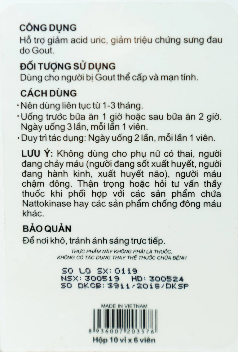 Viên uống VinaGout Thái Dương hỗ trợ giảm acid uric, giảm triệu chứng sưng đau do gout (10 vỉ x 6 viên)