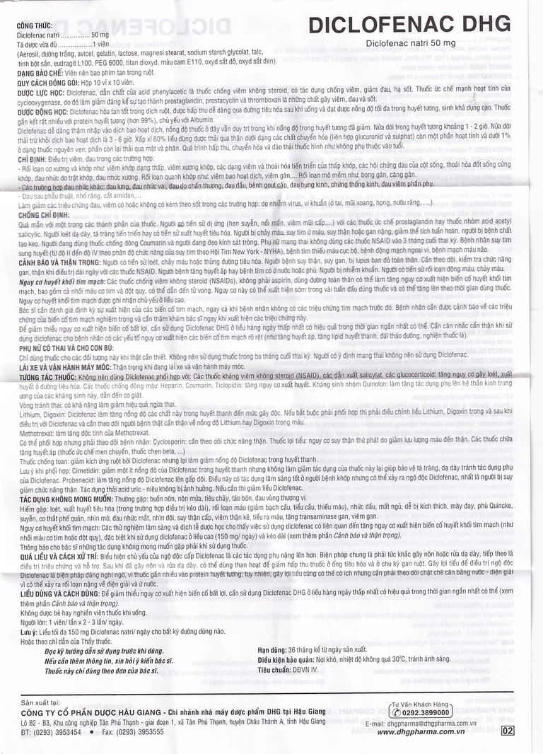 Thuốc Diclofenac DHG điều trị viêm, đau trong rối loạn cơ xương khớp (10 vỉ x 10 viên)